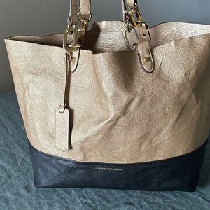 Lauren Ralph Lauren Two-Tone Leather Tote in Tan and Black